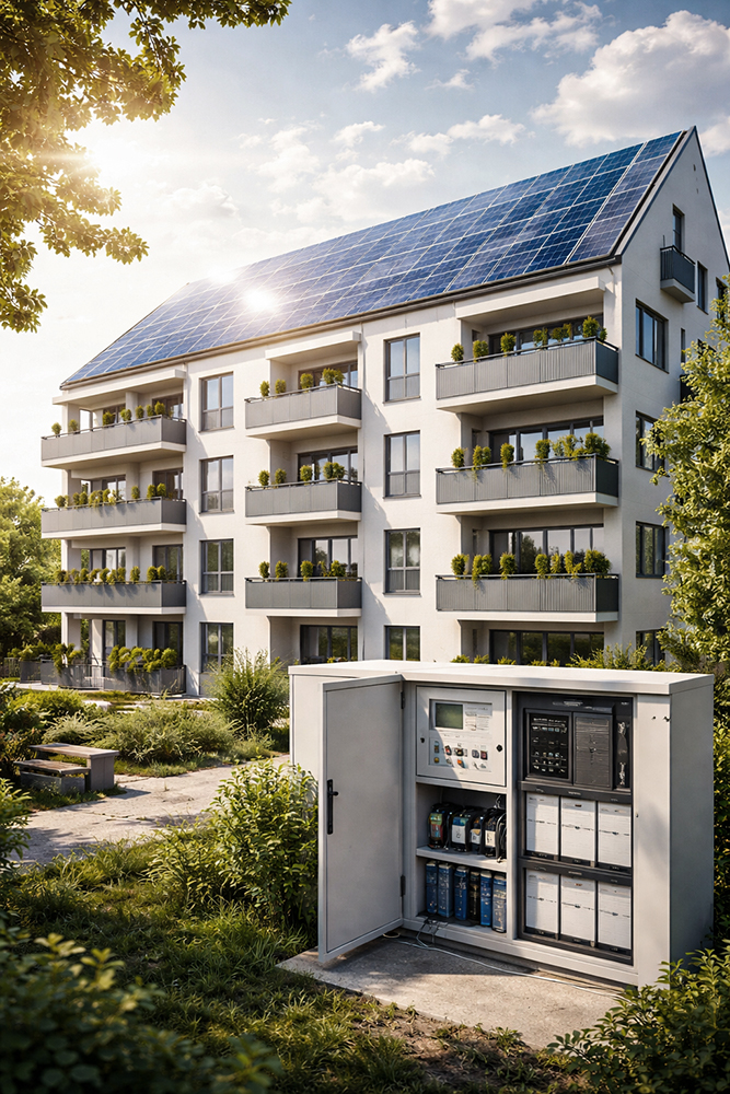 Gemeinschaftliche Gebäudeversorgung im Mehrfamilienhaus Photovoltaikanlage auf einem Mehrfamilienhaus mit zentralem Energiemanagement- und Speichersystem zur Umsetzung einer Gemeinschaftlichen Gebäudeversorgung (GGV)