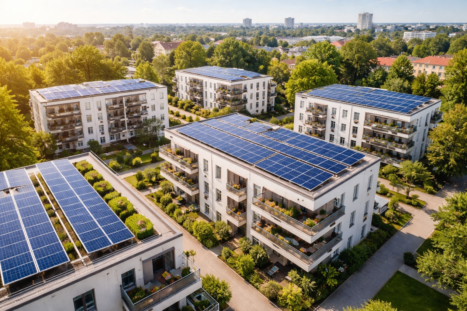 Mieterstrom mit Photovoltaik in einem Wohnquartier mit mehreren Mehrfamilienhäusern