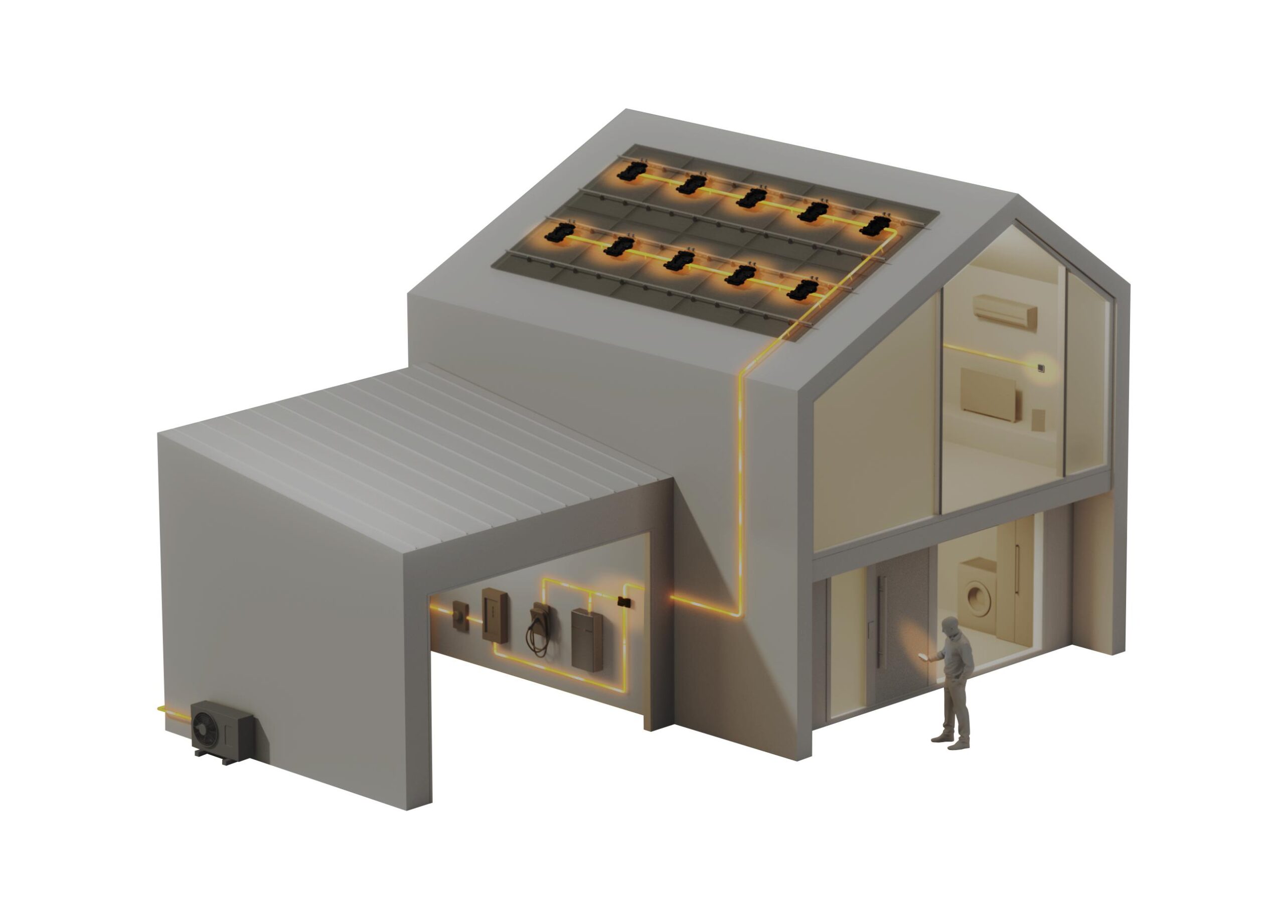 Leistungsoptimierer – Intelligente Energie auf Modulebene Haus mit Photovoltaikanlage und visualisierten Leistungsoptimierern auf dem Dach – Energiefluss durch optimierte Module